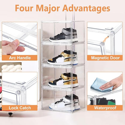 BVBOX 12 Pack Acrylic Shoe Storage Boxes with Magnetic Door - 360° Clear Stackable Shoe Display Box Set, Plastic Shoe Cabinet Rack Box for Sneakers Heels Shoes (12, Clear, XL - Side Open)