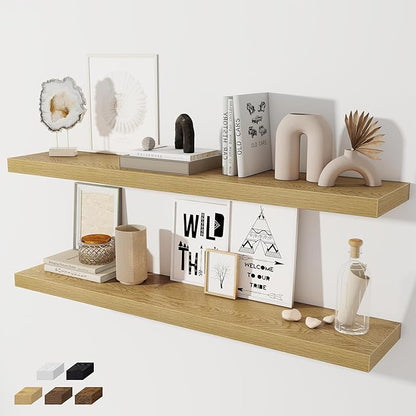 Fun Memories 48 Inch Floating Shelves for Wall 8 Inch Deep Oak Shelves Set of 2, Wall Mounted Rustic Wood Long Floating Shelf, Large Display & Storage Shelf with Invisible Brackets