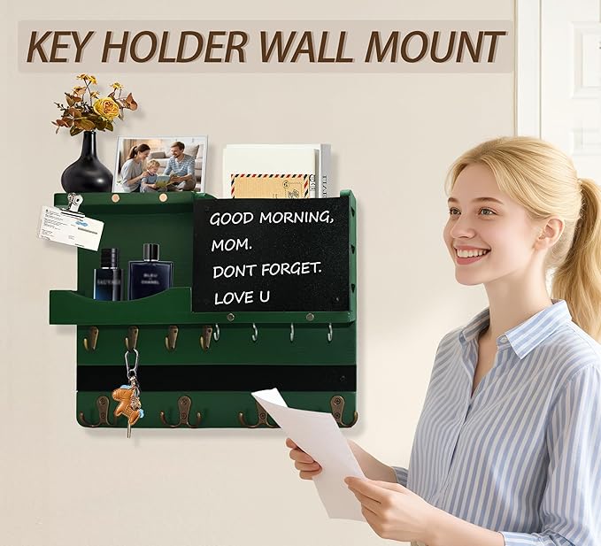 Key Holder for Wall Mount with Shelf and Mail Organizer, Key and Mail Holder with 16 Hooks, Farmhouse Entryway Organizer, Home Decor Rack (Pine Wood,Green)