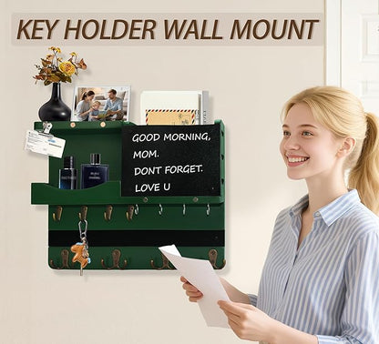 Key Holder for Wall Mount with Shelf and Mail Organizer, Key and Mail Holder with 16 Hooks, Farmhouse Entryway Organizer, Home Decor Rack (Pine Wood,Green)