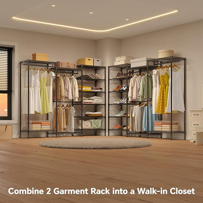 H12 Heavy Duty Clothes Rack with Adjustable 5-Tier Shoe Rack, Freestanding Clothing Racks for Hanging Clothes, Metal Shoe Organizer Large Closet Racks, 15.7" D x 68.7" W x 76.4" H, Black