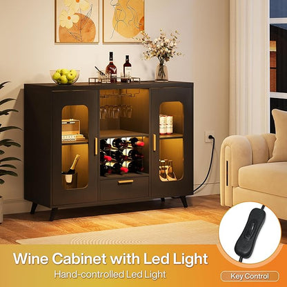 Bar Cabinet with Power Outlets, Modern Coffee Bar Sideboard with LED Light, Farmhouse Liquor Cabinet with Wine Rack, Glass Holder & Wine Storage, Black