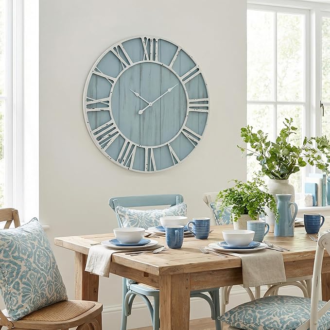 EMAX HOME Large Farmhouse Wall Clock 30 Inch Vintage Blue Wooden Wall Clock with Quiet Ticking and Minimalist Roman Numerals for Bedroom Living Room Office Kitchen Home Decor, Battery Operated