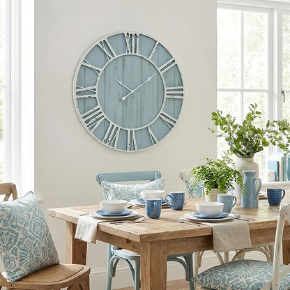 EMAX HOME Large Farmhouse Wall Clock 30 Inch Vintage Blue Wooden Wall Clock with Quiet Ticking and Minimalist Roman Numerals for Bedroom Living Room Office Kitchen Home Decor, Battery Operated