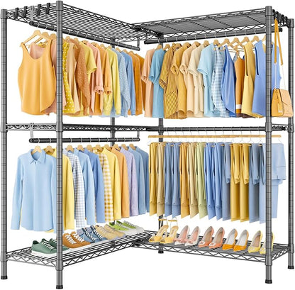 E15 Pro Garment Rack L Shaped Clothes Rack for Corner，Freestanding Clothing Racks for Hanging Clothes，Heavy Duty Closet System with 4 Hanging Rods & 8 S Hooks，48.8"W x 15.8"D x 78.4"H，Grey