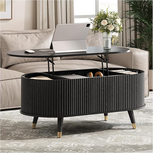 Oval Lift Top Coffee Table with Storage, 42.5” Fluted Coffee Table with Lifting Top & Solid Wood Legs, Mid Century Modern Center Table for Living Room, Home Office, Black