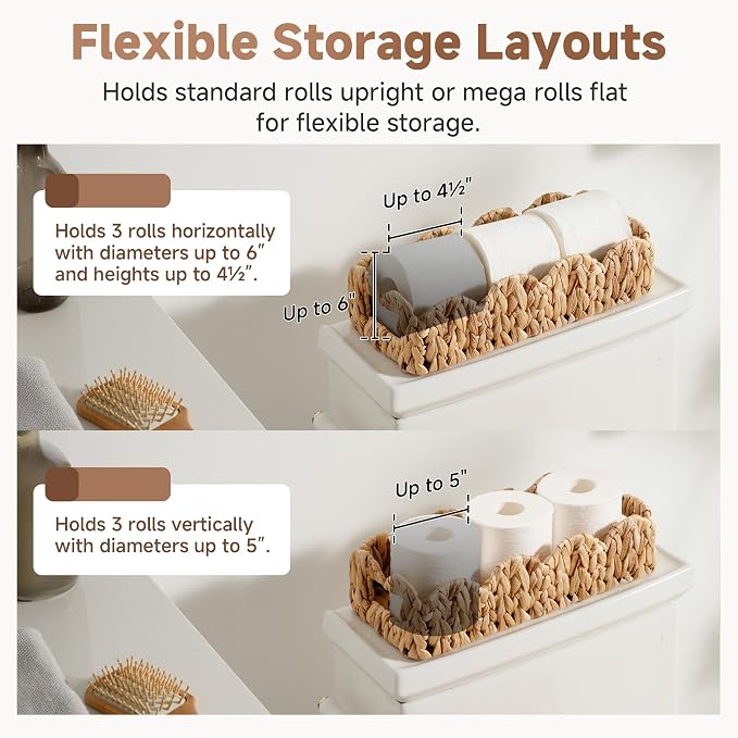 StorageWorks Small Wicker Scalloped Baskets for Bathroom Decor, Water Hyacinth Bathroom Baskets for Storage, Decorative Toilet Paper Basket for Back of Toilet Basket Tank Topper with Handles