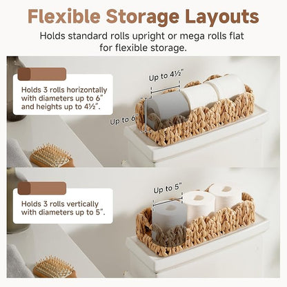 StorageWorks Small Wicker Scalloped Baskets for Bathroom Decor, Water Hyacinth Bathroom Baskets for Storage, Decorative Toilet Paper Basket for Back of Toilet Basket Tank Topper with Handles