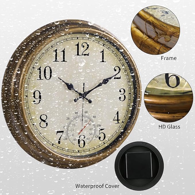 16 Inch Large Outdoor Clock, Waterproof Wall Clock with Thermometer, Battery Operated Silent Non-Ticking Vintage Wall Clock Quartz Round Clock Home Decor,Brown
