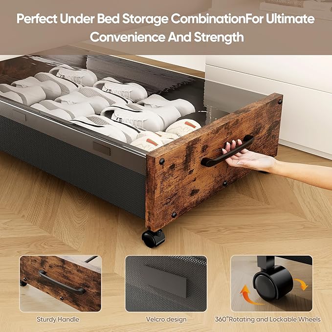 KITHELP Wooden Under Bed Storage with Wheels, Rolling Under the Bed Storage Bins with Removable Lid, Metal Under Bed Drawers for Clothes and Shoes in Bedroom or Living Room(Black Wood-2pack)