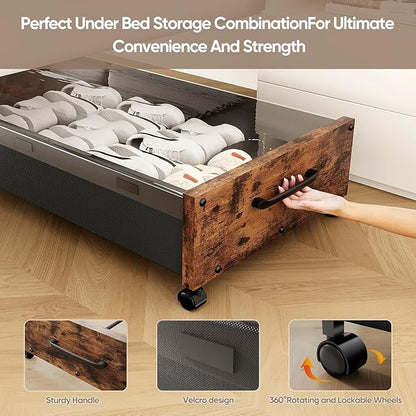 KITHELP Wooden Under Bed Storage with Wheels, Rolling Under the Bed Storage Bins with Removable Lid, Metal Under Bed Drawers for Clothes and Shoes in Bedroom or Living Room(Black Wood-2pack)