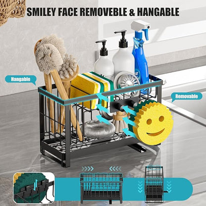 Taugast Sponge Holder for Kitchen Sink with Flexible Sponge Holder Smiley Face,2 Tier Kitchen Sink Organizer Countertop and Storage Essentials,Soap Dispenser Organize,Home Decor Accessories-Black
