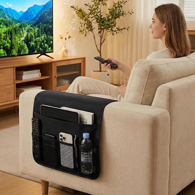 Bedside Caddy Organizer & Remote Control Holder for Couch, Non-Slip Armchair Caddy Storage with Multiple Pockets, TV Remote Holder for Bed, Sofa Armrest Organizer for Glasses Phone Magazine(2pcsBlack)