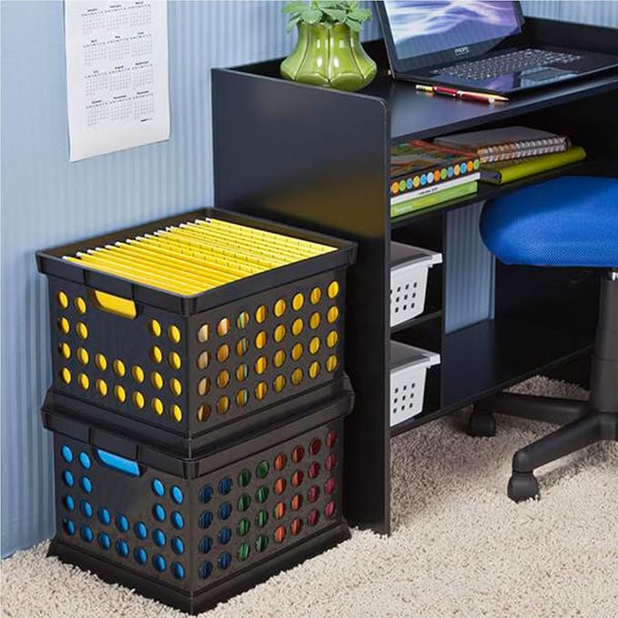 Sterilite Stackable Plastic Storage Crate Bin Organizer File Box with Handles for Home, Office, Dorm, Garage, or Utility Organization, Black, 12-Pack