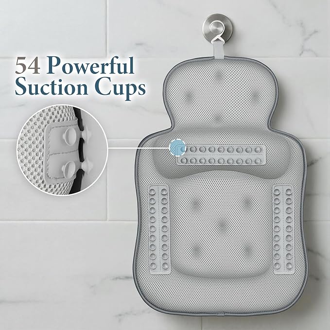 Bath Pillows for Tub, Comfortable Bathtub Cushion for Head and Neck with Soft 3D Mesh Fabric and 54 Non-Slip Suction Cups, Relaxing Tub and Shower Accessories Spa Gift Gray Standard