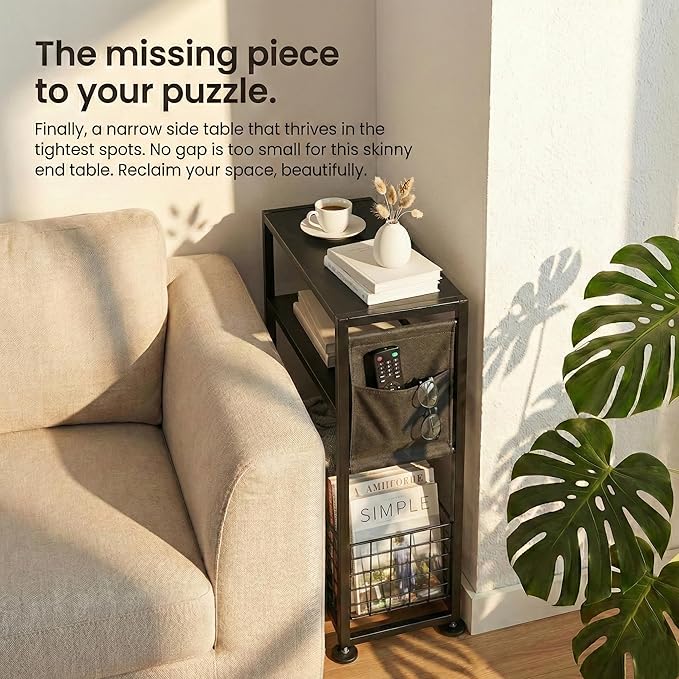 Skinny Side Table with Storage, 3 Tier Slim Side Tables for Small Spaces, Skinny End Table Narrow Bedside Table Narrow Side Table for Living Room, Bedroom