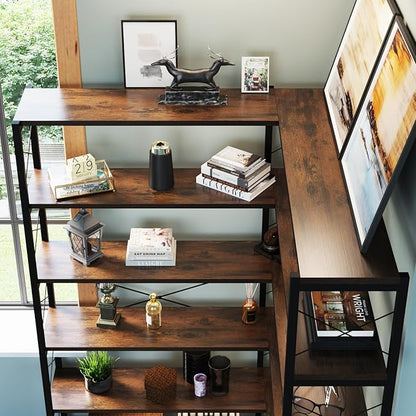 Wildhome 6-Shelf Corner Bookshelf, Vintage Industrial L Shaped Bookshelf Etagere Bookcase, Corner Shelf with Metal Frame Open Storage Rack Corner Book Shelf for Home Office Living Room (Retro Brown)