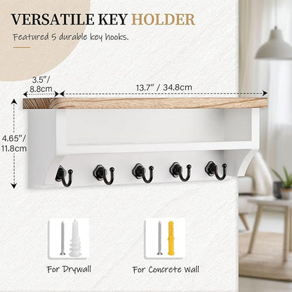 Nekon Key Holder Wall Mount, Wall Organizer Shelf with 5 Key Hooks, Room Decor for Home and Apartment Essentials, Light Brown and White