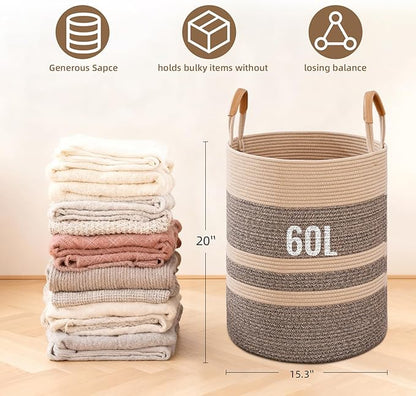 Degeyoyo 60L Striped Laundry Basket, Dark Brown Laundry Hamper with Leather Handles, Woven Cotton Rope Storage Bin for Blankets, Nursery Hamper for Clothes, Toys In Bathroom, Livingroom, Bedroom
