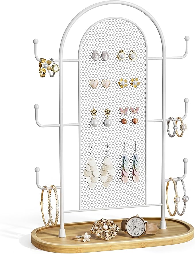 bussdis Jewelry Holder Organizer Earring Display - Earring Storage Tree Stands Towers With 6 Hooks 300 Studs Wood Tray White Metal Rack