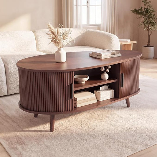 Seang Fluted Coffee Table with Storage,39" Oval Coffee Table with Dual Sliding Doors,Wooden Center Table for Living Room Home Office,Walnut