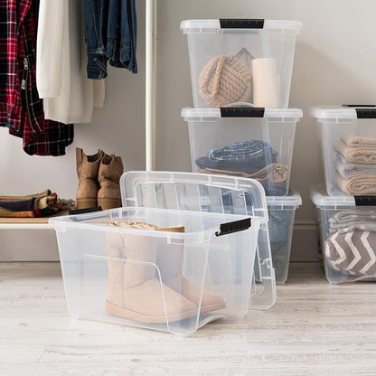 IRIS USA 32 QT Plastic Storage Box with Lid and Latches - 6 Pack - BPA-Free, See-Through Organizing Solution, Durable Nestable Stackable Containers, Secure Pull Handle - Clear