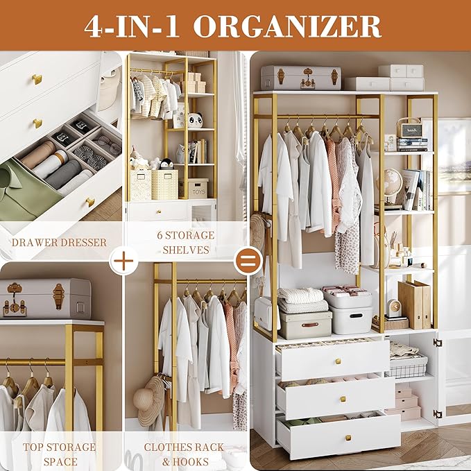 2pcs Closet Organizer System, Wardrobe Closet with 3 Wooden Drawers, Clothes Rack with Hanging Rods and 4 Tiers Shelves, Garment Rack with Metal Frame, White and Gold