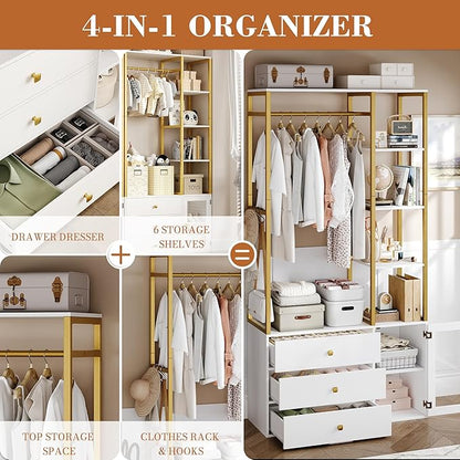2pcs Closet Organizer System, Wardrobe Closet with 3 Wooden Drawers, Clothes Rack with Hanging Rods and 4 Tiers Shelves, Garment Rack with Metal Frame, White and Gold