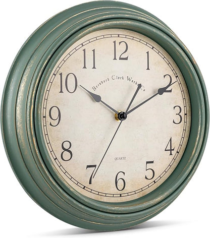 Bernhard Products Vintage Wall Clock Silent Non Ticking - 12 Inch Quality Quartz Battery Operated Decorative Rustic Green Clock for Home Kitchen Living/Dining Room Office Decor, Easy to Read