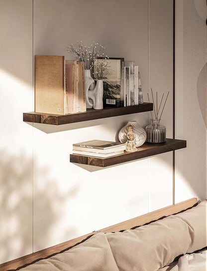 BATODA Set of 2 24" Acacia Floating Shelves for Wall – Rustic Farmhouse Wood Floating Shelf - Book Shelf for Wall & House Décor - DIY Floating Book Shelves - with Brackets & Hardware (Walnut Color)