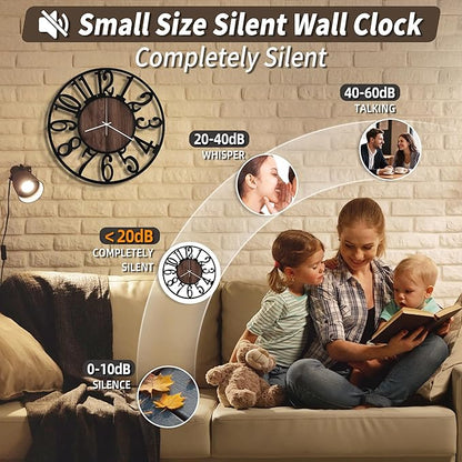 Maxstar Wall Clock Battery Operated,Silent Non-Ticking Modern Rustic Metal Round Clocks Small for Living Room/Bedroom/Office/Kitchen/Farmhouse Home Decor-16 Inch(Brown-Wood)