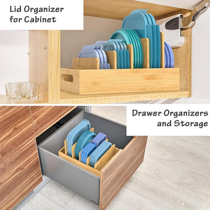 Retro Shaw Bamboo Lid Organizer for Plastic Lids, Adjustable Tall Dividers for Cabinet Drawer, Food Container Lid Holder for Kitchen Storage and Organization