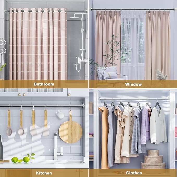 Ausemku Shower Curtain Rod Tension, 32-80 Inch Adjustable Heavy Duty Spring Tension Curtain Rod, No Drill Stainless Steel Telescoping Rod for Bathroom, No Rust, Silver