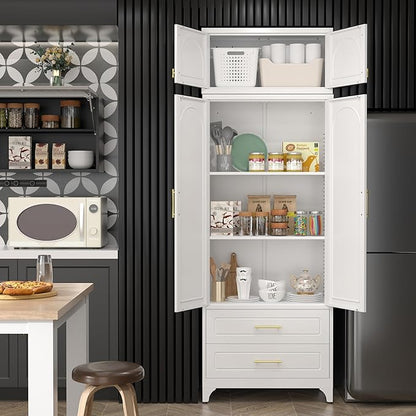 Kitchen Pantry Cabinet，90" Storage Cabinets with Doors and Shelves,Metal Pantry Cabinet with 2 Drawers,White Kitchen Cupboard for Livingroom,Pantry, Bathroom