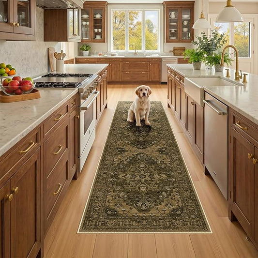 RELEANY Area Rugs Runner 2'x8' Washable Non-Slip, Floral Vintage Distress Medallion Carpet for Kitchen Hallway Bedroom Beside Laundry Room Bathroom, Brown Dark Brown