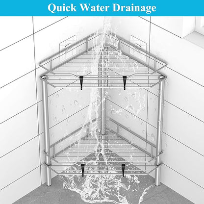 2 Tier Floor Standing Corner Shower Caddy Organizer Shelf with Hooks, Bathroom Shelves Stand Rack, Gray