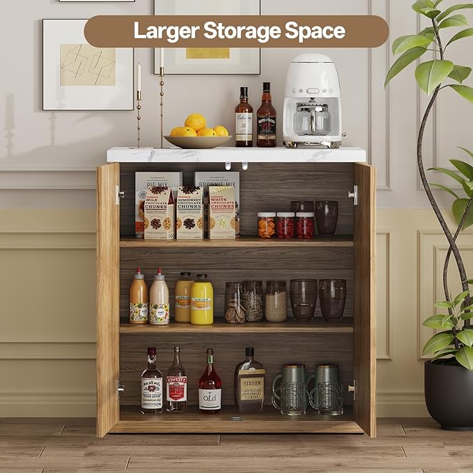 31” Sideboard Cabinet with Storage, Fluted Accent Cabinet with Adjustable Shelves, Modern Wood Credenza Cabinets with Pop-up Doors for Entryway Kitchen Living Room Hallway, Faux Marble Top