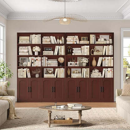 FACBOTALL Bookshelf and Bookcase with Doors, 6 Tier Double Wide Large Bookshelves, Open Display Shelves, 73'' Tall Bookshelf with Storage Cabinets for Home Office, Living Room, Library, Cherry