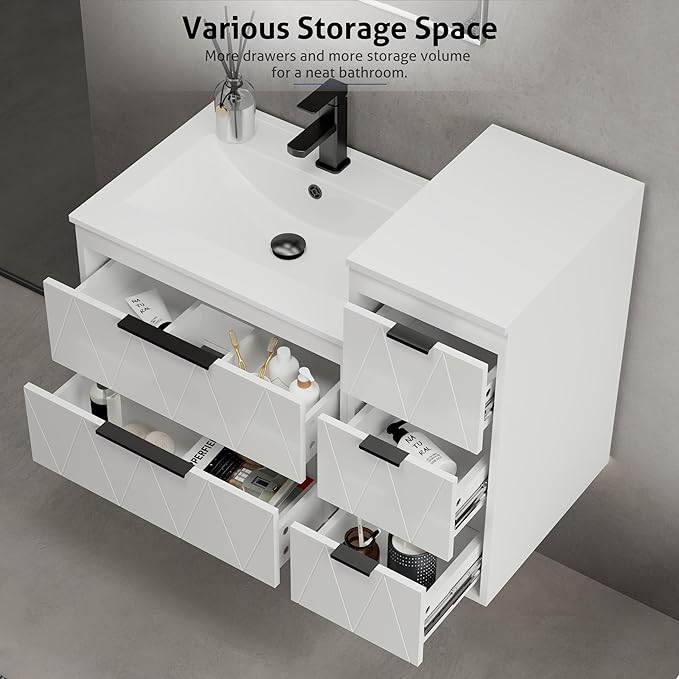 eclife 12" Bathroom Vanities Cabinet with Sink Combo, Wall Mounted Floating Cabinet W/Decor Line, Soft-Close System, 3 Extra Big Drawers, Matte Black Faucet, White