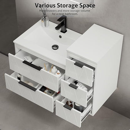 eclife 12" Bathroom Vanities Cabinet with Sink Combo, Wall Mounted Floating Cabinet W/Decor Line, Soft-Close System, 3 Extra Big Drawers, Matte Black Faucet, White