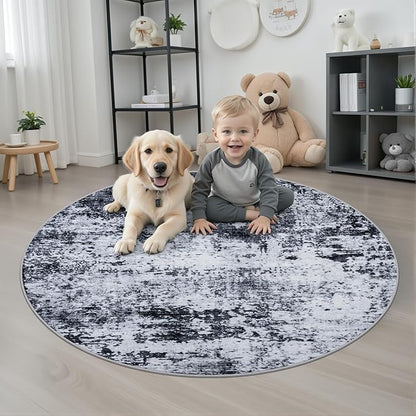 Round Area Rug for Living Room: 5 ft Washable Modern Abstract Soft Thin Rug Indoor Floor No Slip Stain Resistant Carpet for Bedroom Dining Room Farmhouse Nursery Home Office - Black