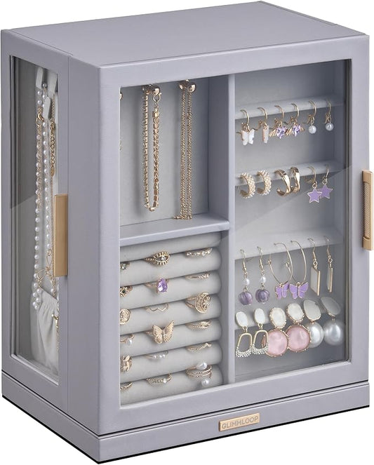 Glimmloop 360° Rotating Jewelry Box with 5 Drawers, Spacious Vertical Jewelry Organizer with Glass Window, Jewelry Storage Case, Dustproof & Moisture-resistant Design, Grey
