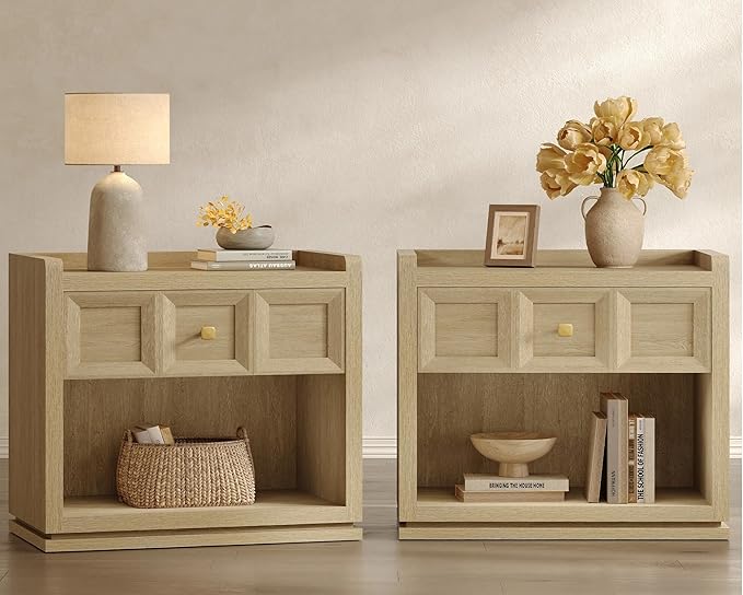 SICOTAS Night Stand Set 2, 26" Wide Nightstands with Drawer, Large Queen Size Nightstands Set of 2, Modern Bedside Table for Bedroom, Side End Table (Coastal Oak, 26 Inch)