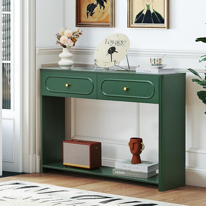 ORRD Fluted Console Table with Drawers, Mid-Century Narrow Entryway Table with Open Storage Shelves, Hallway Accent Tables Behind Couch Tables for Living Room (Green)