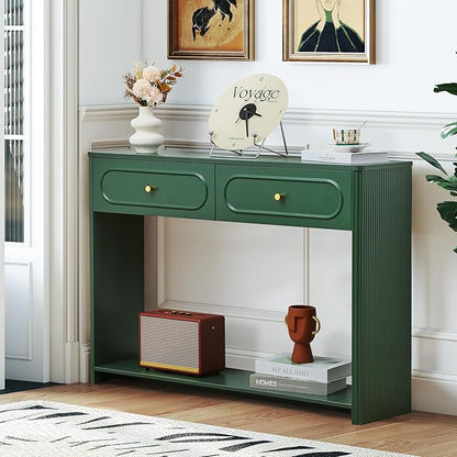 ORRD Fluted Console Table with Drawers, Mid-Century Narrow Entryway Table with Open Storage Shelves, Hallway Accent Tables Behind Couch Tables for Living Room (Green)