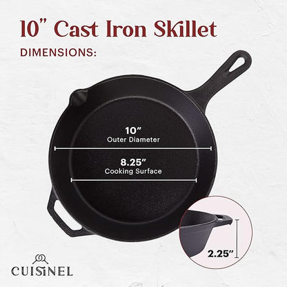 Cuisinel Cast Iron Skillet + Grill Press + Scraper Set - 10"-inch Pre-Seasoned Frying Pan + Silicone Handle Grip - 7" Round Burger Smasher - Indoor/Outdoor, Grill, Kitchen Cookware. PFAS and PFOA-free