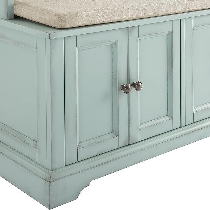 Crosley Furniture Holbrook Hall Tree with Shoe Rack Bench and Coat Hooks for Hanging Storage, Distressed Seafoam Blue