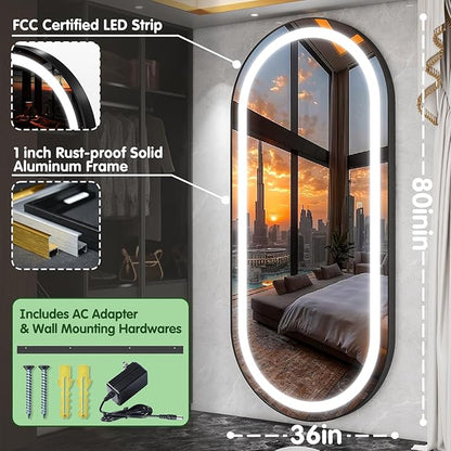 FENNIO Full Length Mirror with Lights, 80" x 36" LED Full Body Mirror, Wall Mounted Hanging Mirror with Lights for Bedroom, Salon, Dimmable & 3 Color Lighting, Tempered Glass