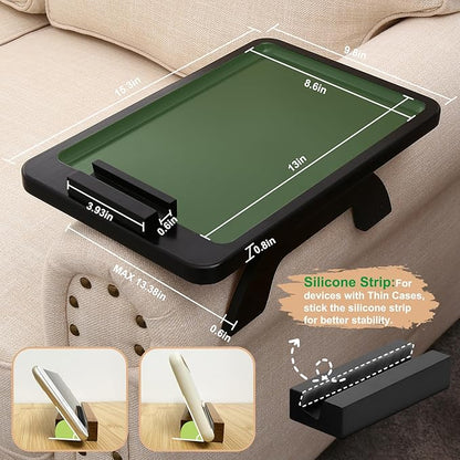 SINWANT Couch Arm Table, Bamboo Sofa Clip On Side Table Tray,Foldable Sofa Arm Tray with 360° Phone Holder for Eating Drinking Snacks Remote on Couch Armrest