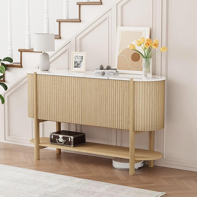 Console Table with Storage, Fluted Entryway Table with 2 Doors and Open Shelf, Long Sofa Table Behind Couch for Living Room, Hallway (Natural)